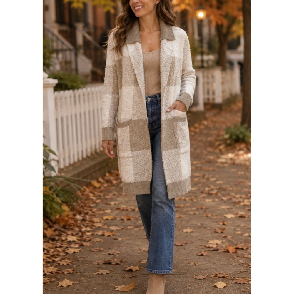 So Me Cardigan Sweater Womens Large Tan Plaid Long Sleeve Open Front JT1586-01